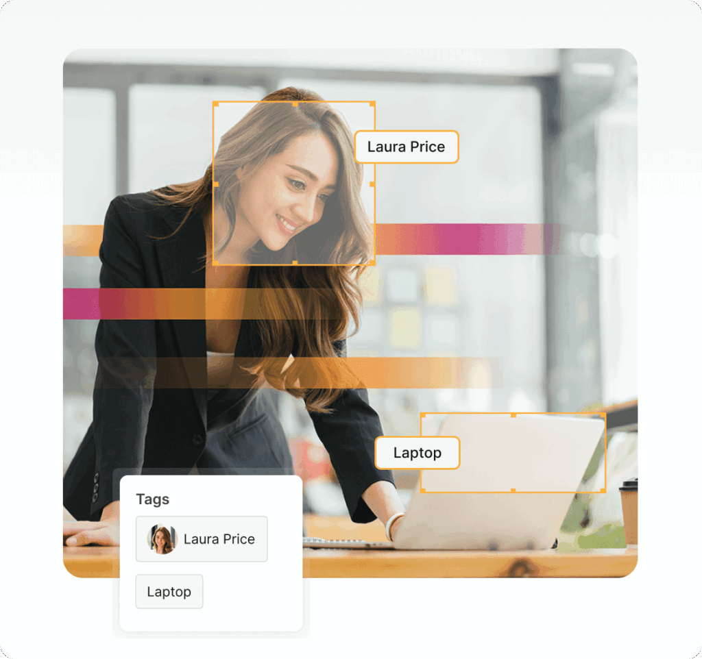 Screenshot of AI DAM software with auto-tagging and asset search features.
