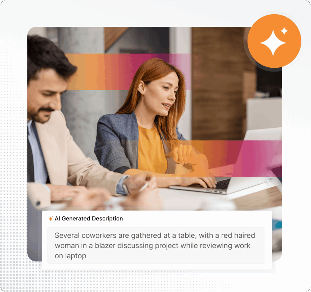 Marketing team generating asset descriptions in digital asset management software to make content searchable and accessible.