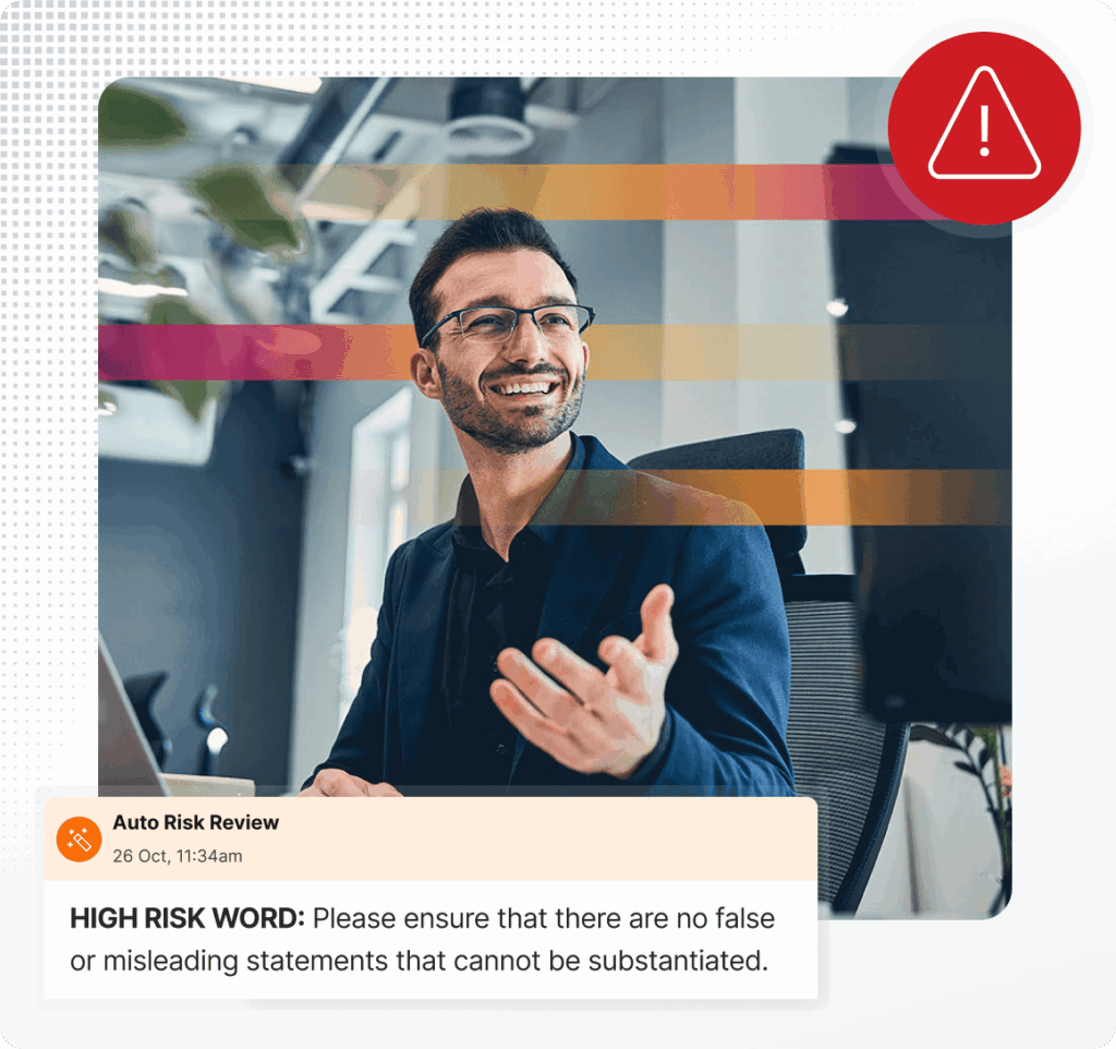 Marketing person reviewing content in marketing compliance software to identify risks and ensure approved messaging before publishing.