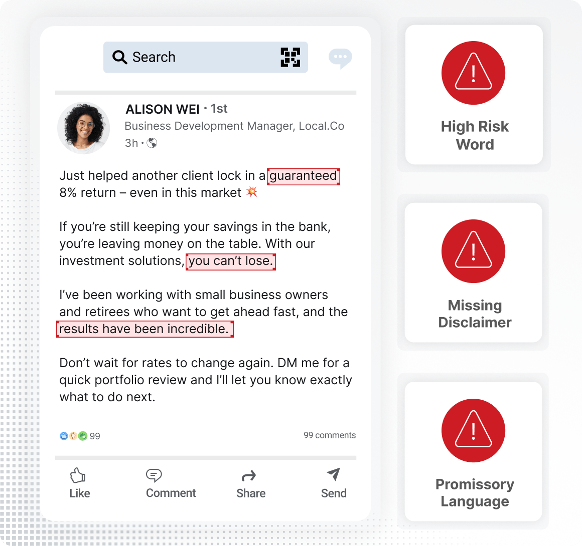 AI marketing compliance software flagging risky content.